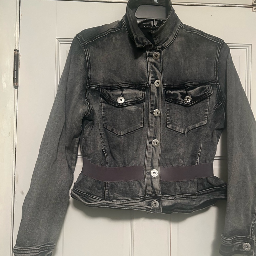 Ashley Stewart Women's Grey / Black Denim Peplum Jacket